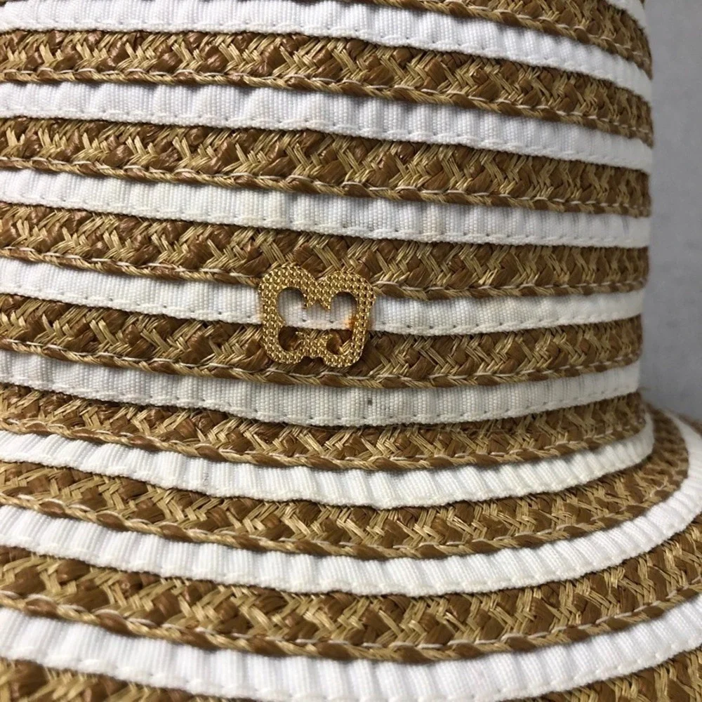 Eric Javits Sun Hat Womens O/S Tan White Striped Squishee Wide Brim UPF 50+ - Picture 3 of 8
